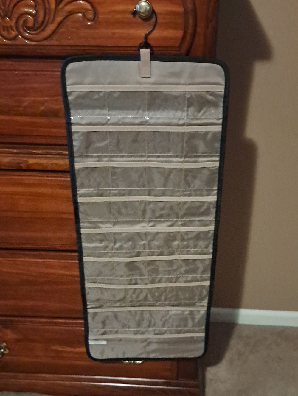 Hanging Jewelry Organizer in Beige with Black Trim